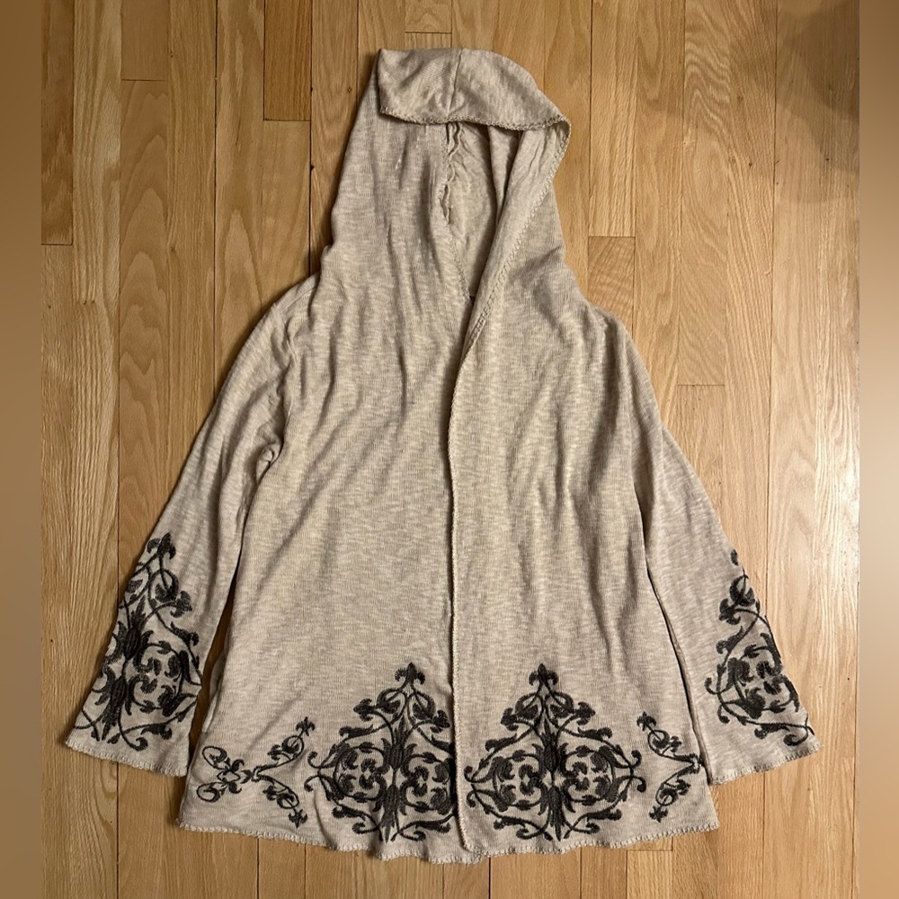 Democracy Tan Hooded Cardigan Sweater Black Embroidered Details, Size Small